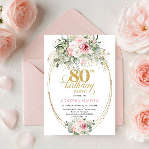 Romantic Minimalist Blush Floral 80th Birthday Invitation