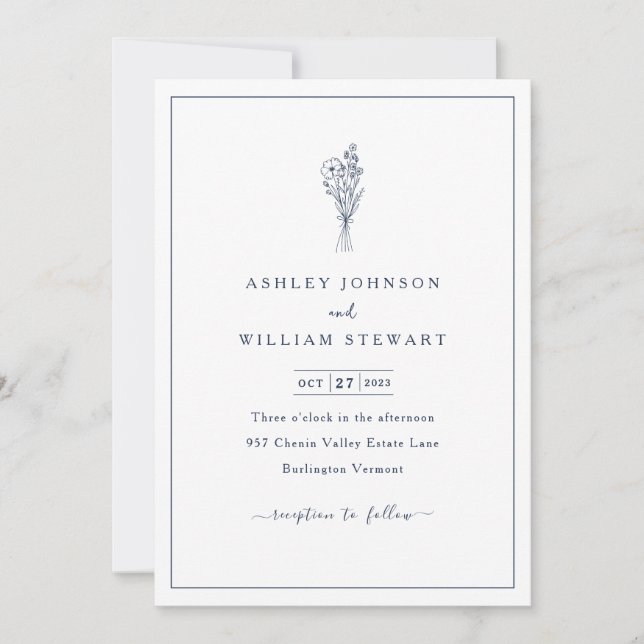Romantic Minimalist Border Navy Blue Wedding Invitation (Front)
