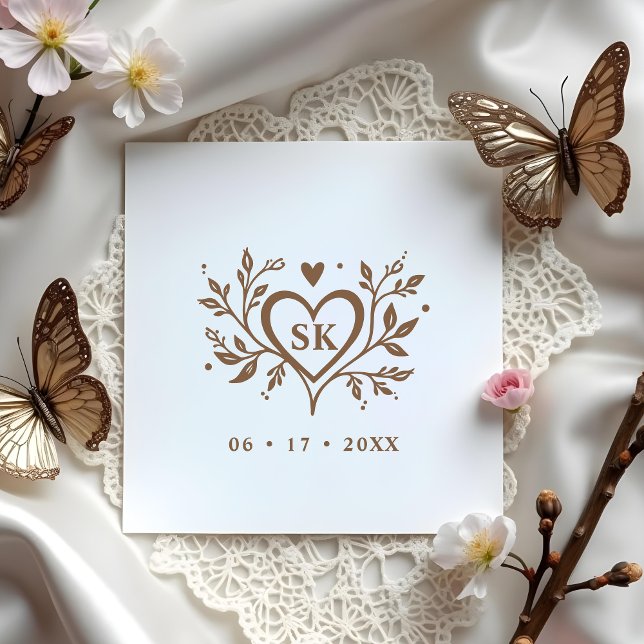 Romantic Minimalist Heart Swirls Monogram Initials Rubber Stamp (Romantic Minimalist Wedding Design with Heart, Swirls, Monogram and Initials Rubber Stamps)