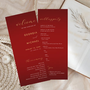 Romantic Minimalist Modern Dark Red & Gold Wedding Program