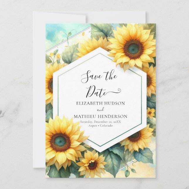 Romantic Minimalist Sunflower Wedding Save The Date (Front)