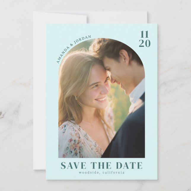 Romantic Mint Green Minimalist Photo Save The Date (Front)