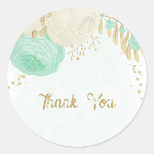 Romantic mint green & white flowers gold classic round sticker
