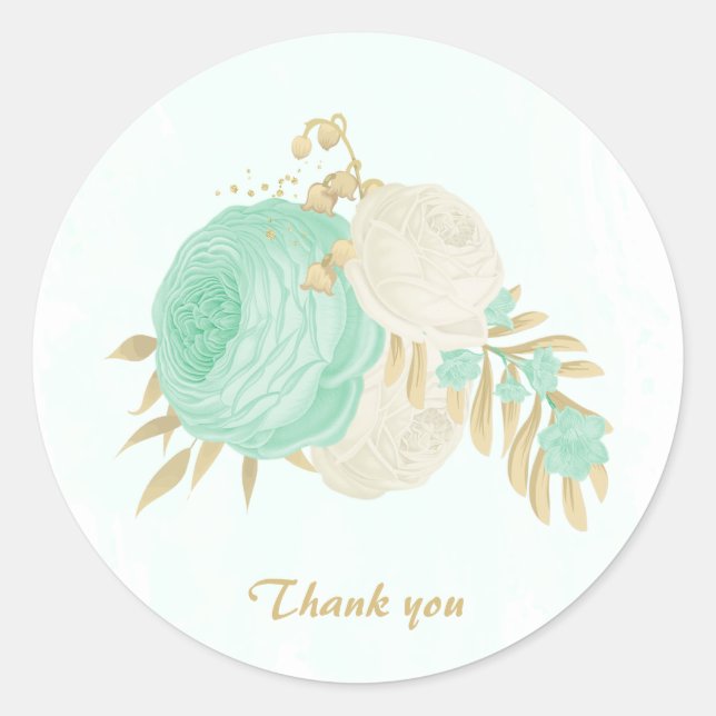 Romantic mint green & white flowers gold  classic round sticker (Front)