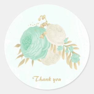 Romantic mint green & white flowers gold classic round sticker