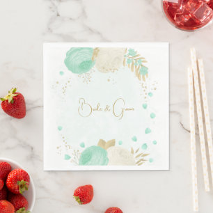 Romantic mint green & white flowers gold napkin