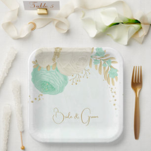 Romantic mint green & white flowers gold paper pla plate