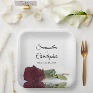 Romantic Mirrored Burgundy Rose Elegant Wedding Paper Plate