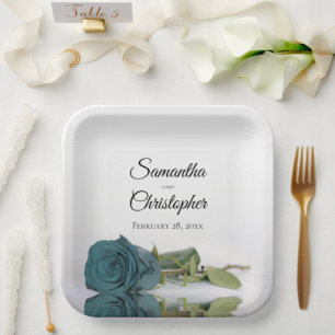 Romantic Mirrored Dusty Teal Rose Elegant Wedding Paper Plate
