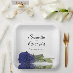 Romantic Mirrored Navy Blue Rose Elegant Wedding Paper Plate