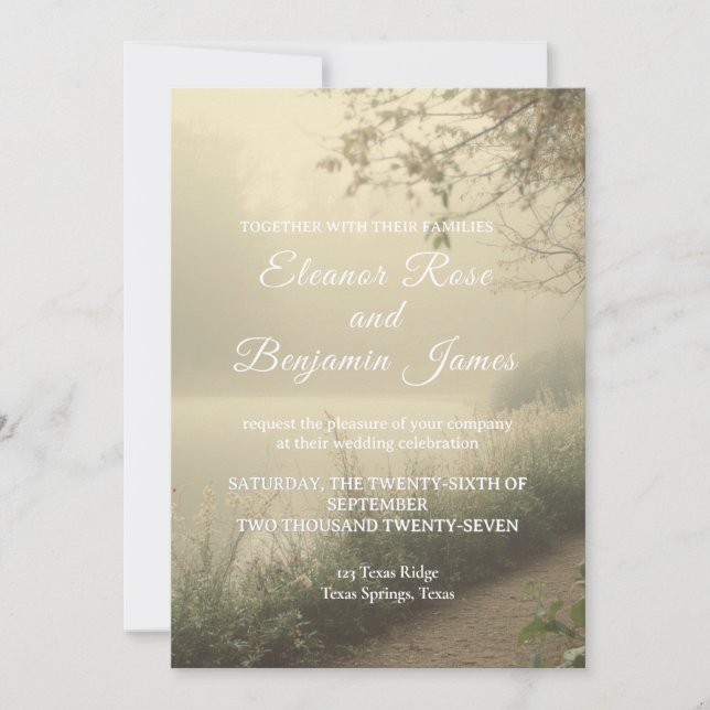 Romantic Misty Lakeside Vintage Wedding Invitation (Front)