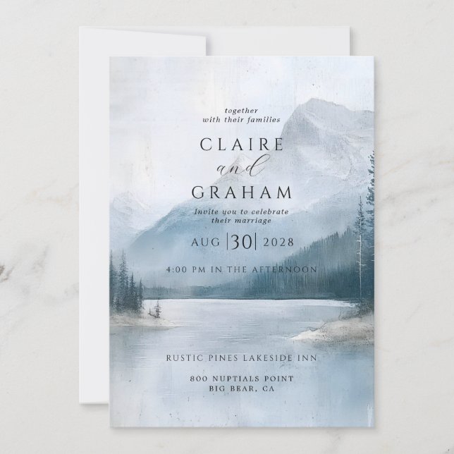 Romantic Misty Mountain Lake Wedding Invitation (Front)