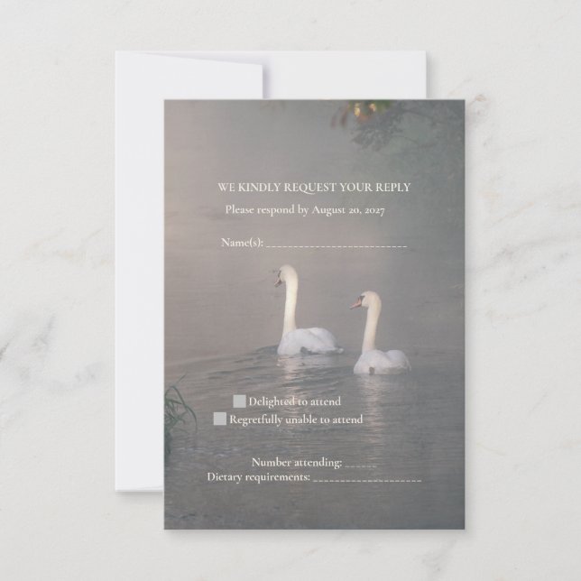 Romantic Misty Swan Wedding RSVP Card (Front)