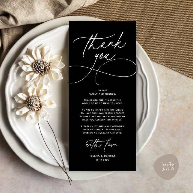 Romantic Modern Wedding Reception Thank You Card (Romantic Modern Wedding Reception Dinner Thank You Card in classy black)