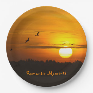 Romantic moments Cranes at sunrise photo with text Paper Plate