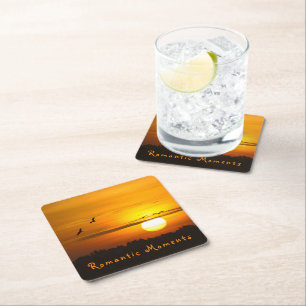 Romantic moments Cranes at sunrise photo with text Square Paper Coaster
