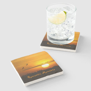 Romantic moments Cranes at sunrise photo with text Stone Coaster