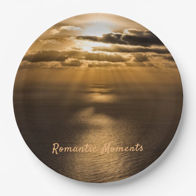 Romantic moments sunset ocean photo with text paper plate (Front)
