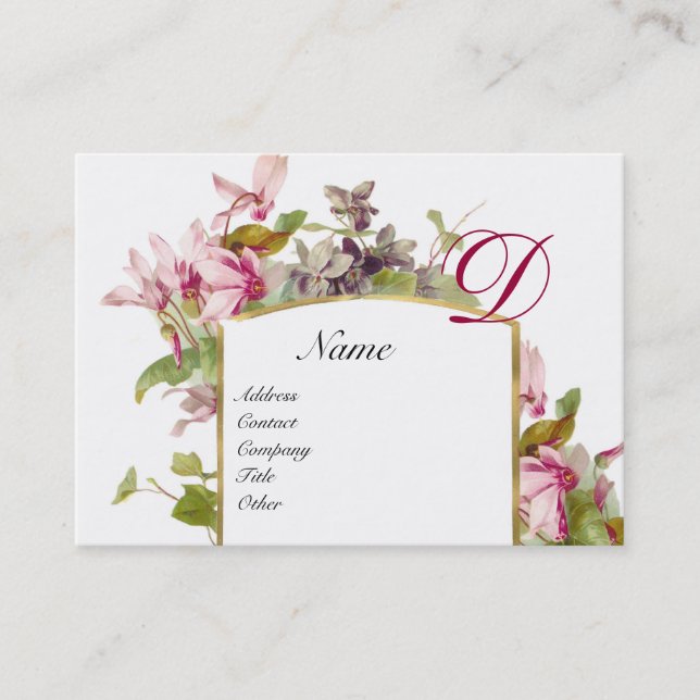 ROMANTIC MONOGRAM,Cyclamens pink green eggshell Business Card (Front)