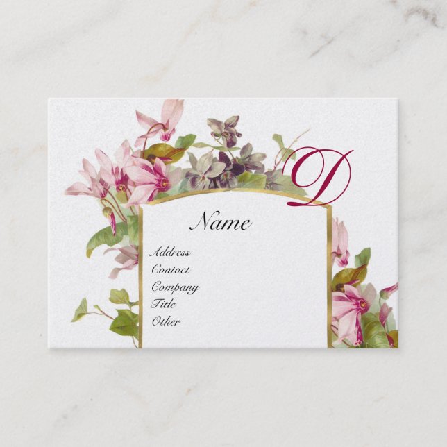 ROMANTIC MONOGRAM,Cyclamens pink green white pearl Business Card (Front)