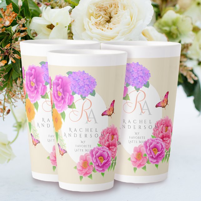 Romantic Monogram Peonies Garden Beige Latte Mug (Romantic Peonies Garden Monogram Beige Latte Mug.)