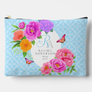 Romantic Monogram Peonies Garden Blue Accessory Pouch