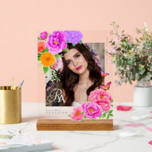 Romantic Monogram Peonies Garden Photo Acrylic Sign