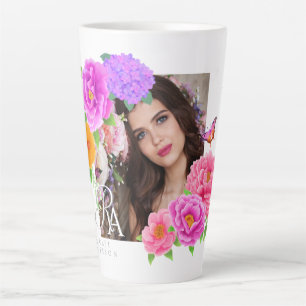 Romantic Monogram Peonies Garden Photo White Latte Mug