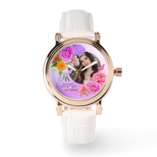 Romantic Monogram Peonies Garden Pink Watch