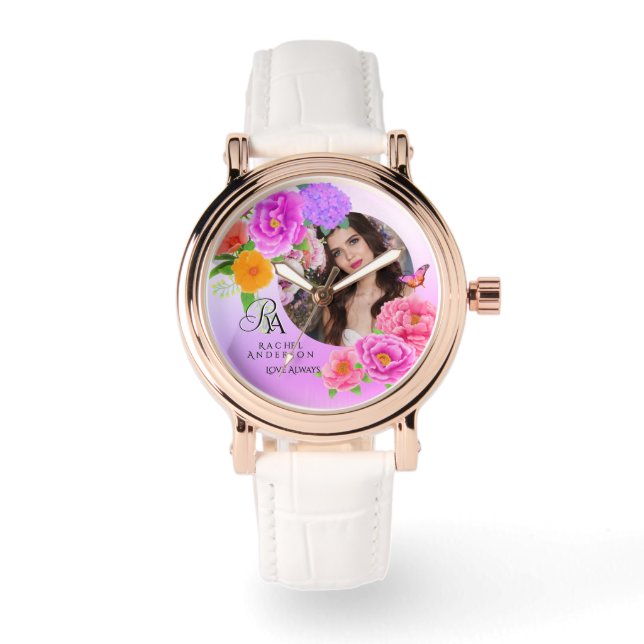 Romantic Monogram Peonies Garden Pink Watch (Front)