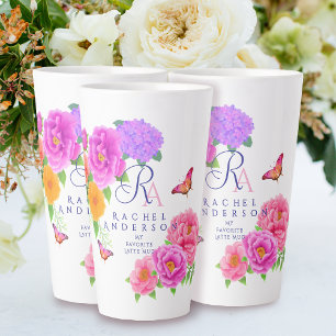 Romantic Monogram Peonies Garden White Latte Mug