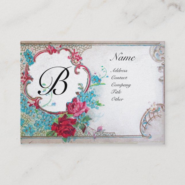ROMANTIC MONOGRAM, platinum metallic paper,silver Business Card (Front)