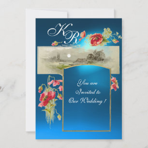 ROMANTİC MONOGRAM /POPPIES,red,green blue sapphire Invitation