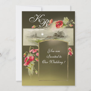 ROMANTİC MONOGRAM /POPPIES,red,green grey agate Invitation