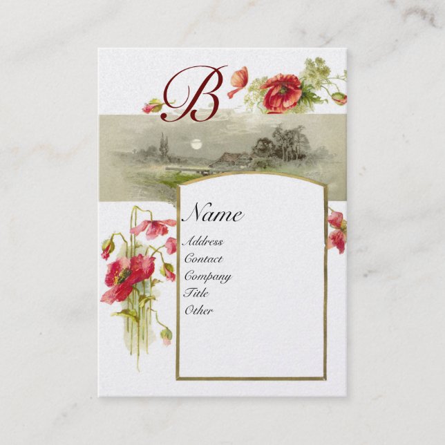 ROMANTIC MONOGRAM, POPPIES red green white gold Business Card (Front)