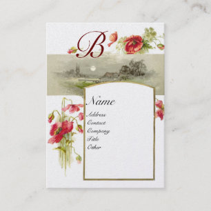 ROMANTIC MONOGRAM, POPPIES red green white pearl Business Card