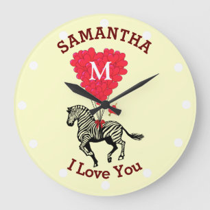 Romantic monogrammed zebra personalised large clock