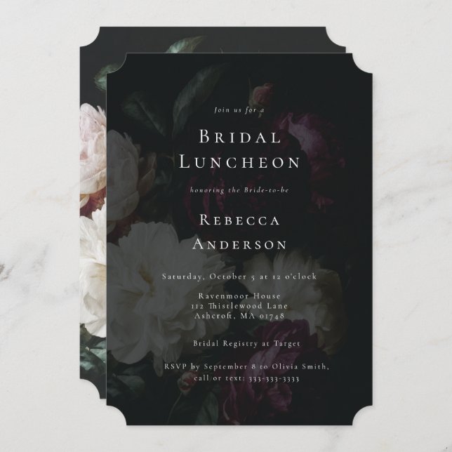 Romantic Moody Black Gothic Florals Bridal Shower Invitation (Front/Back)