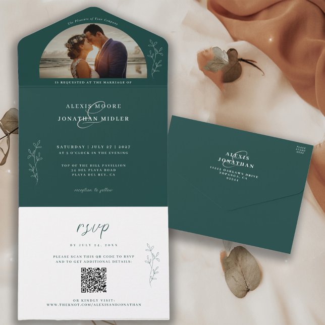 Romantic Moody Emerald Green Wedding Photo All In One Invitation (Creator Uploaded)