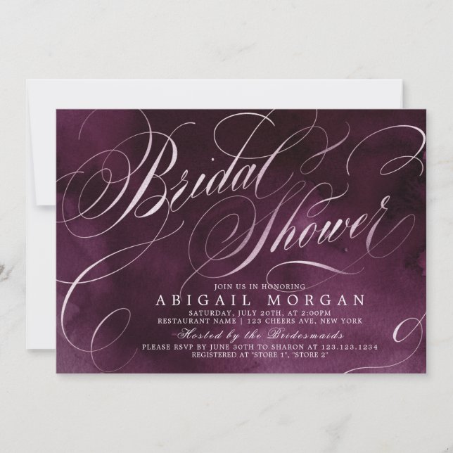 Romantic Moody plum calligraphy Bridal Shower Invitation (Front)