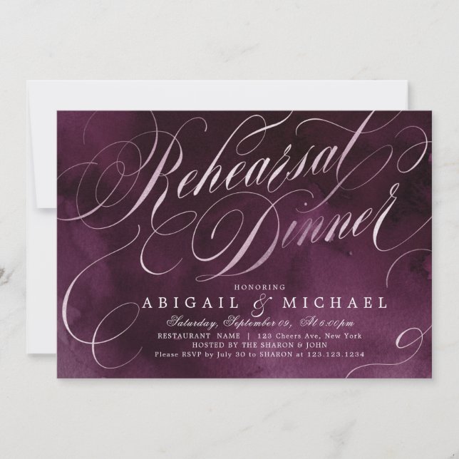 Romantic Moody plum calligraphy rehearsal dinner Invitation (Front)