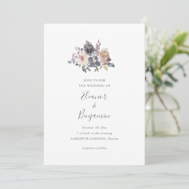 Romantic Moody Plum Watercolor Floral Wedding Invitation (Standing Front)