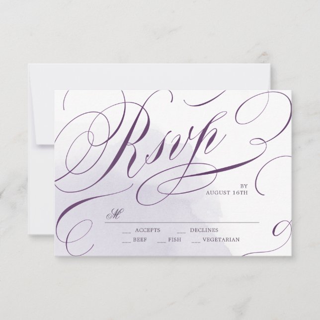 Romantic Moody purple calligraphy wedding RSVP (Front)