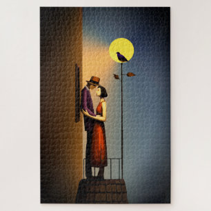 Romantic Moonlight Balcony – Vintage Noir Love Jigsaw Puzzle