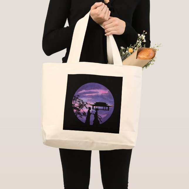 Romantic Moonlight Silhouette Asian Love Story art Large Tote Bag (Front (Product))