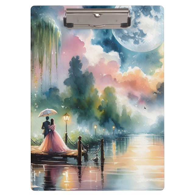 Romantic Moonlight Watercolor Night Scene Clipboard (Front)