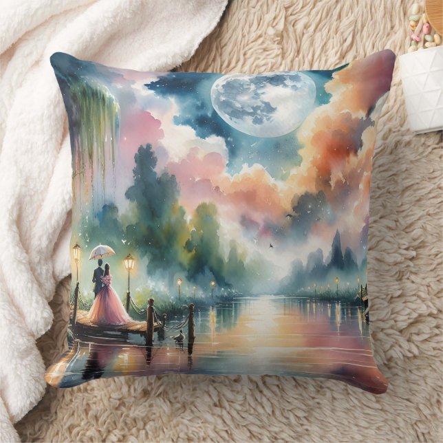 Romantic Moonlight Watercolor Night Scene Cushion (Blanket)