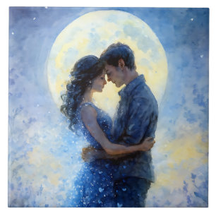 Romantic Moonlit Couple Watercolor Art Dreamy Blue Ceramic Tile