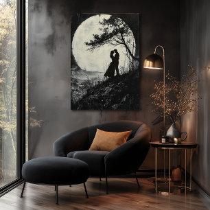Romantic Moonlit Embrace - Charcoal Style Poster