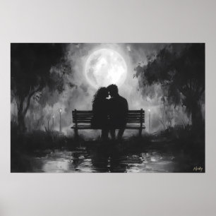 Romantic Moonlit Silhouette on a Park Bench Poster